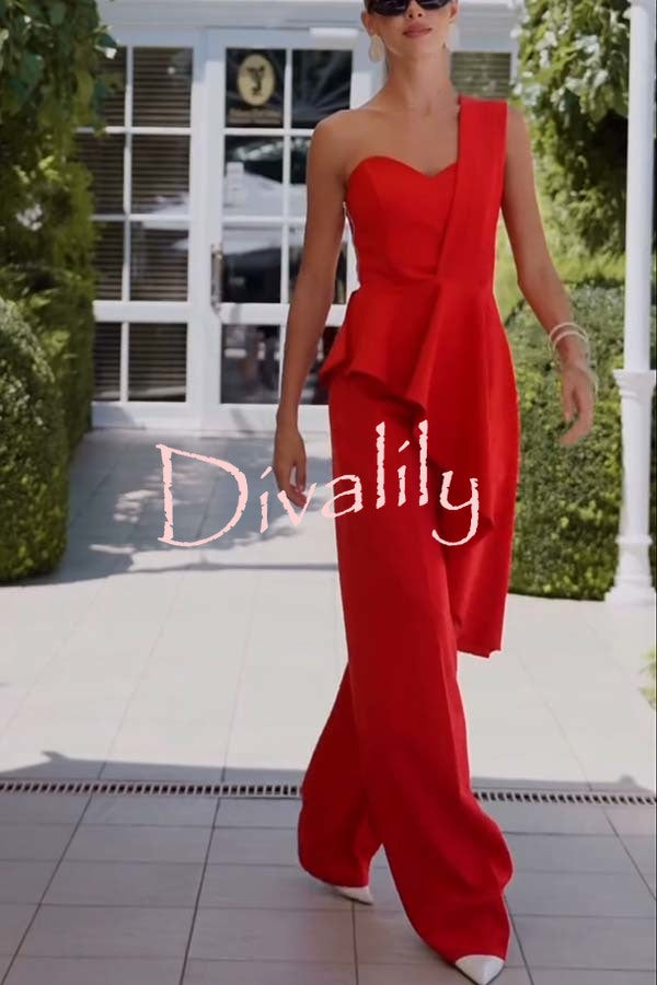 Amena One Shoulder Sweetheart Neck Ruffle Hem Top and Elastic Waist Pocket Wide Leg Pants Set