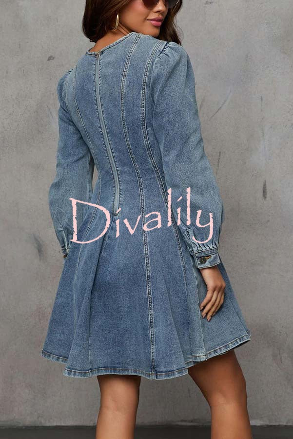 Fade Into You Denim Princess Line Back Zipper Flare Stretch Mini Dress