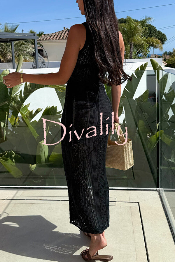 Solid Color Sleeveless Hollow Knit Crop Top and Elastic Slit Slim Midi Skirt Set