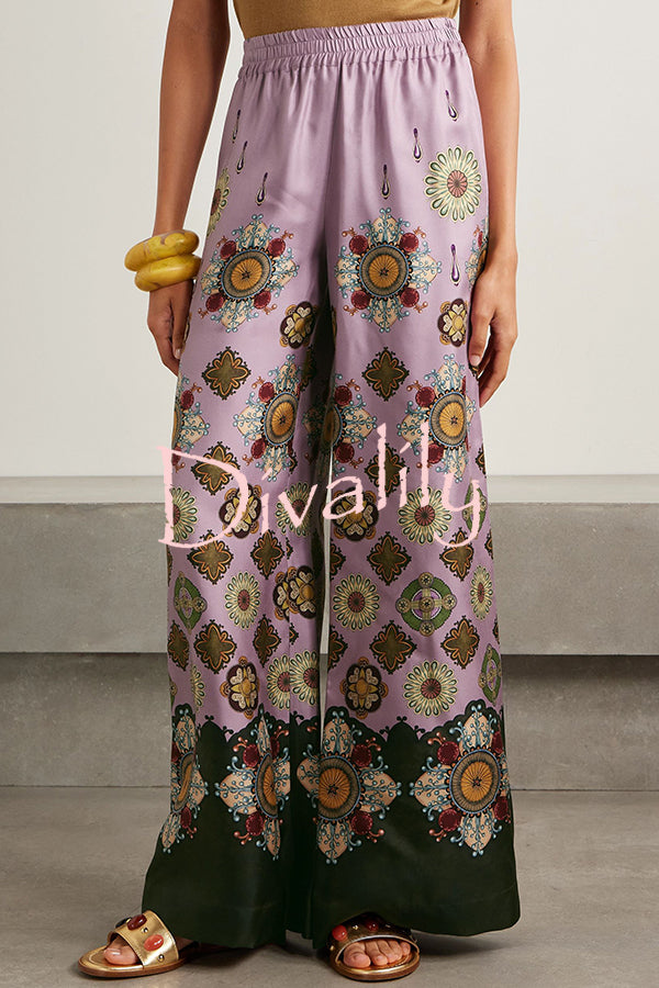 Satin Unique Print Loose Batwing Sleeve Top and Elastic Waist Pocket Casual Wide-leg Pants Set