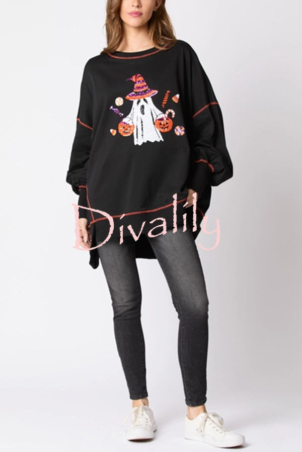 Halloween Ghost Sequin Loose Casual Sweatshirt