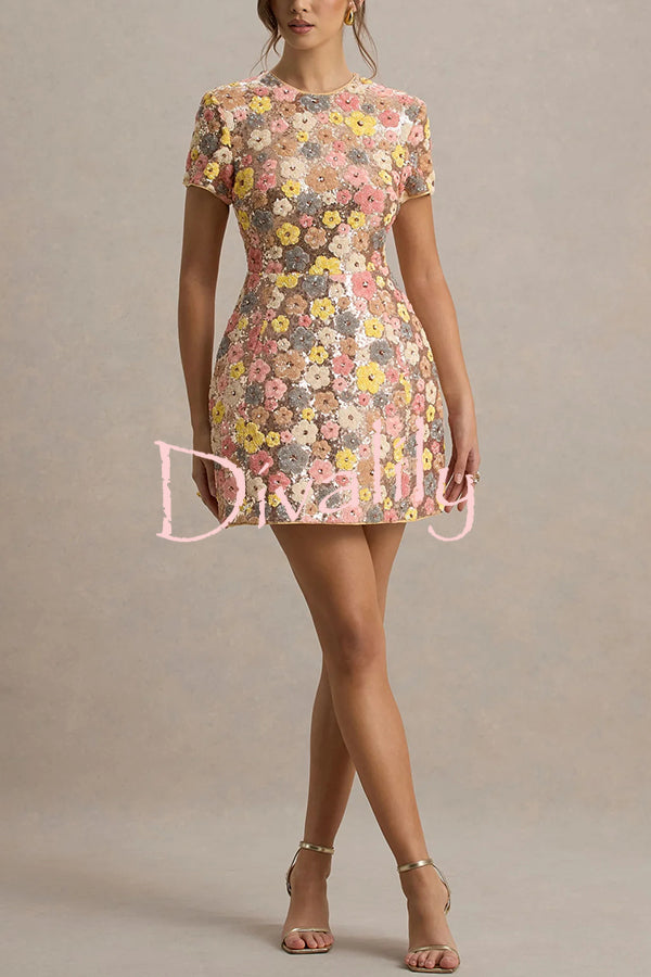 80's Inspired Floral Print Sequin Short Sleeve Stretch Mini Dress