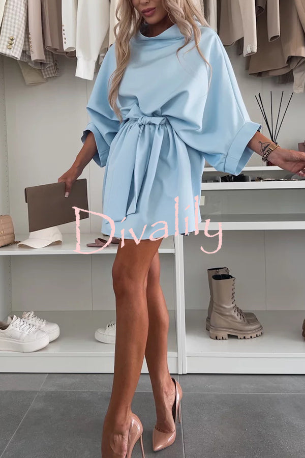 Solid Color Loose Round Neck Belted Mini Dress