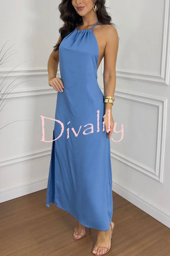 Chasing Sunlight Halter Tassle Backless Slit A-line Maxi Dress