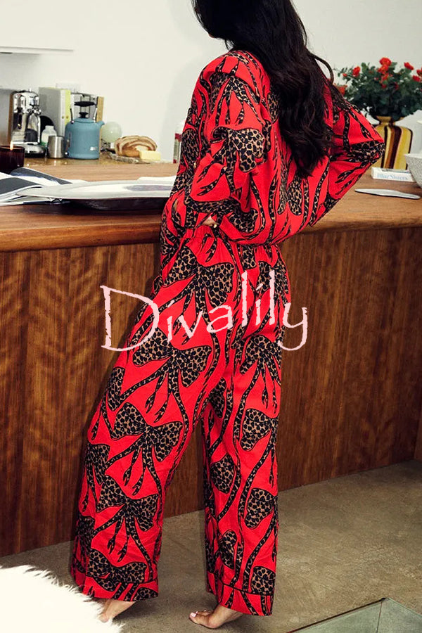 Stylish Colorblock Leopard Print Loose Shirt and Elastic Waist Pocketed Pajama Set