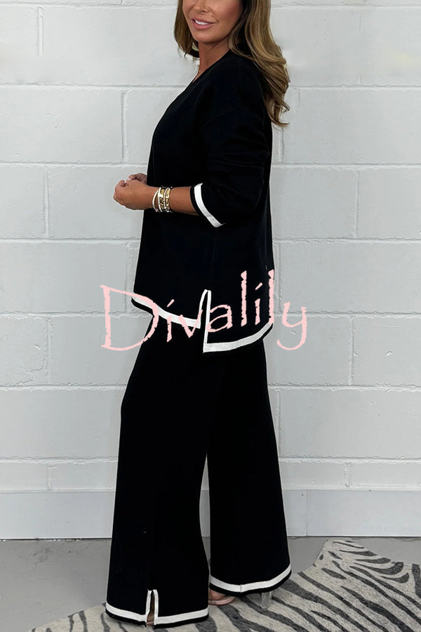 Solid Color V-neck Long-sleeved Loose Top and Elastic Waist Wide-leg Pants Set