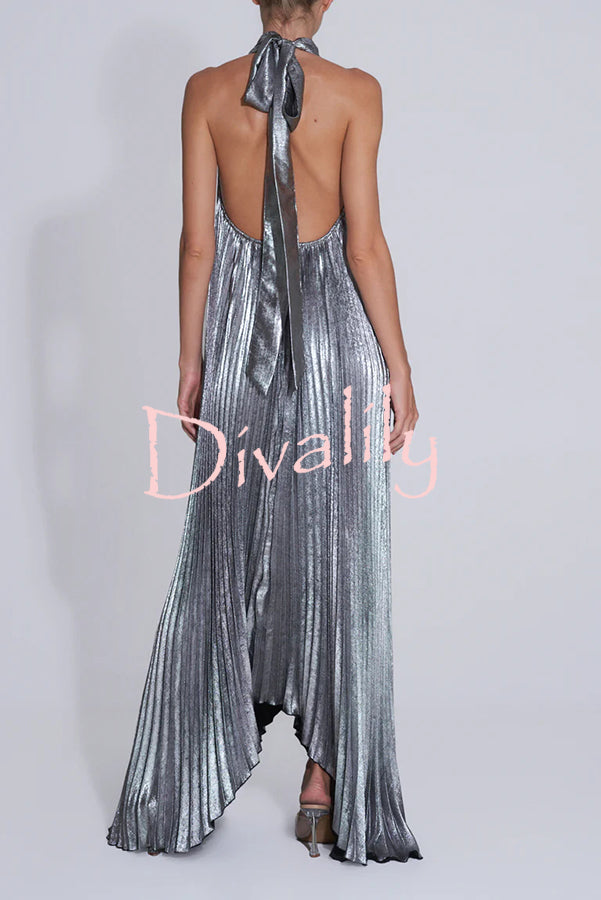 Celebration Party Pleated Metallic Fabric High Deep V-cutout Halter Neck A-line Maxi Dress