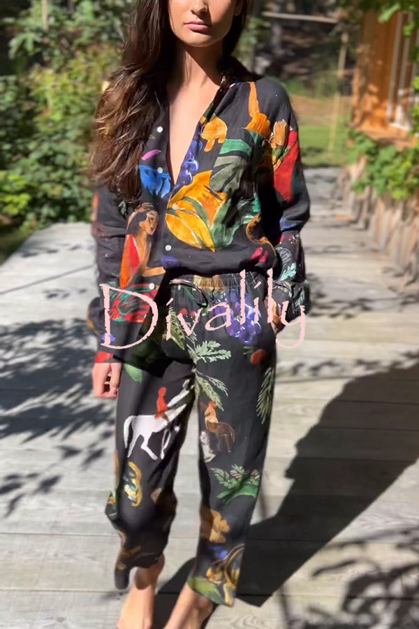 Unique Print Lapel Long Sleeve Loose Shirt and Elastic Waist Pocket Wide Leg Pants Set