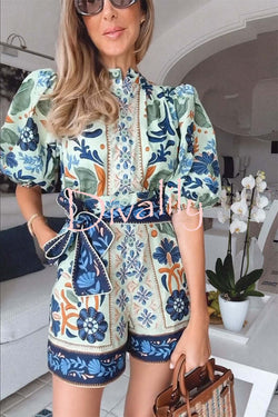 Elouise Linen Blend Unique Print Button Puff Sleeves Tie-up Pocketed Romper