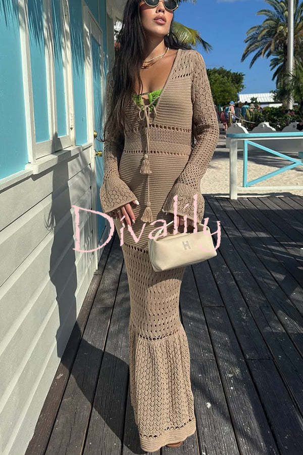 Ellora Knit Hollow Texture Tie-up Long Sleeve Fishtail Stretch Maxi Dress