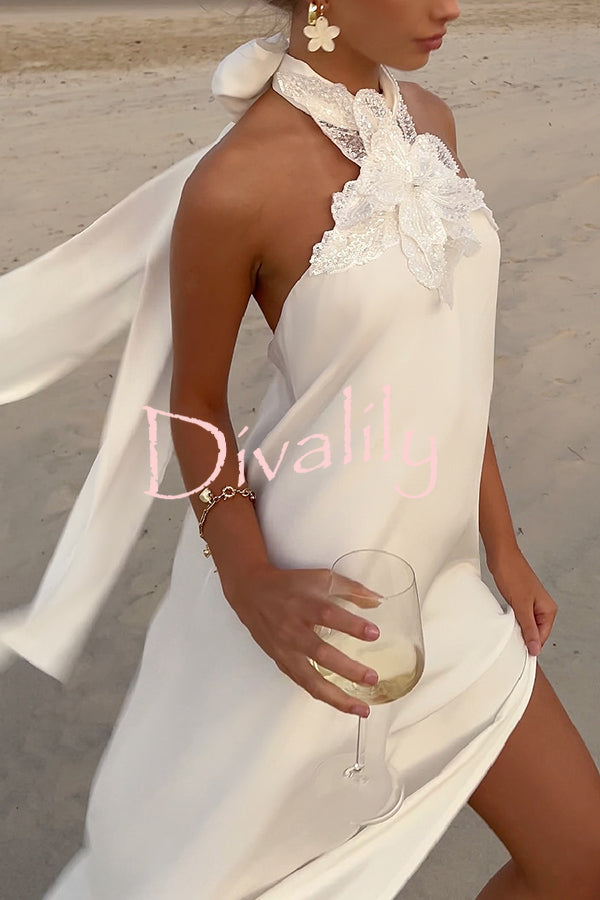 Floral Embellished Satin Halterneck Backless Resort Maxi Dress