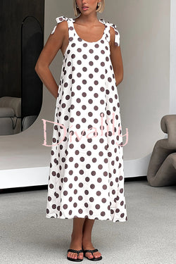 Polka Dot Print Suspenders Strappy Backless Loose Pocket Midi Dress