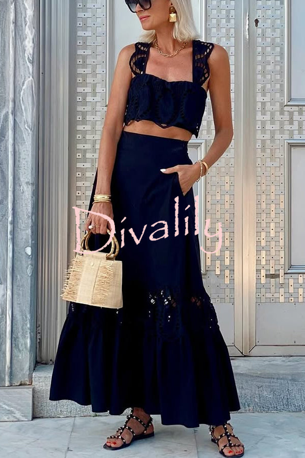 Summer City Hollow Lace Crop Tank and Elastic Waist Pocketed A-line Maxi Skirt Set