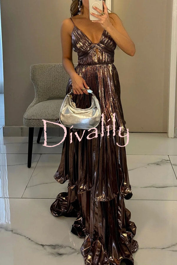 Seize The Gorgeous Pleated Metallic Fabric Cutout Tiered Maxi Dress