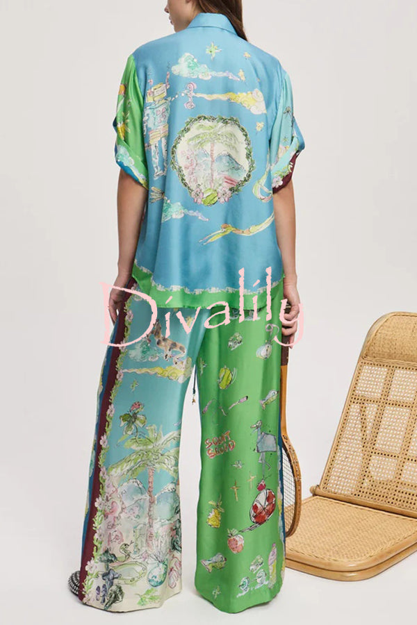 Unique Printed Lapel Short-sleeved Loose Shirt and Elastic Waist Tie Wide-leg Pants Set