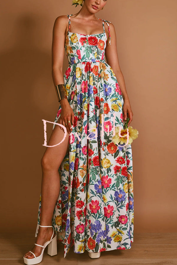 Garden Wedding Floral Print Back Tie-up Pocketed Slit Maxi Dress