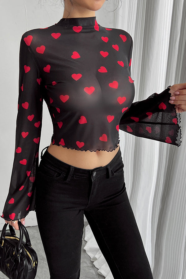 Unique Printed Mesh Trumpet Sleeve Slim Fit Top