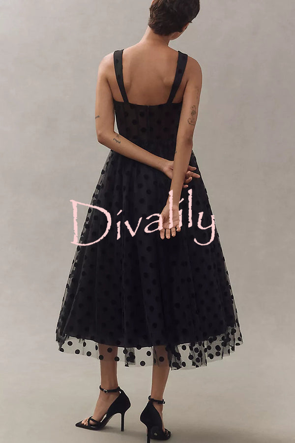 Perfect Guest Tulle Polka Dot Sweetheart Bustier A-Line Midi Dress