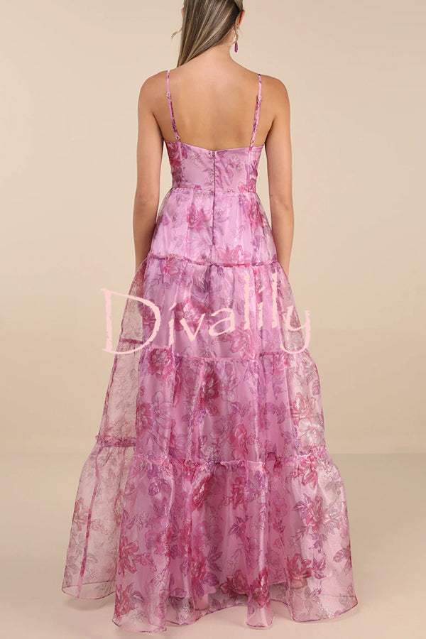 Exclusive Glamour Organza Floral Print Tiered Slip Maxi Dress