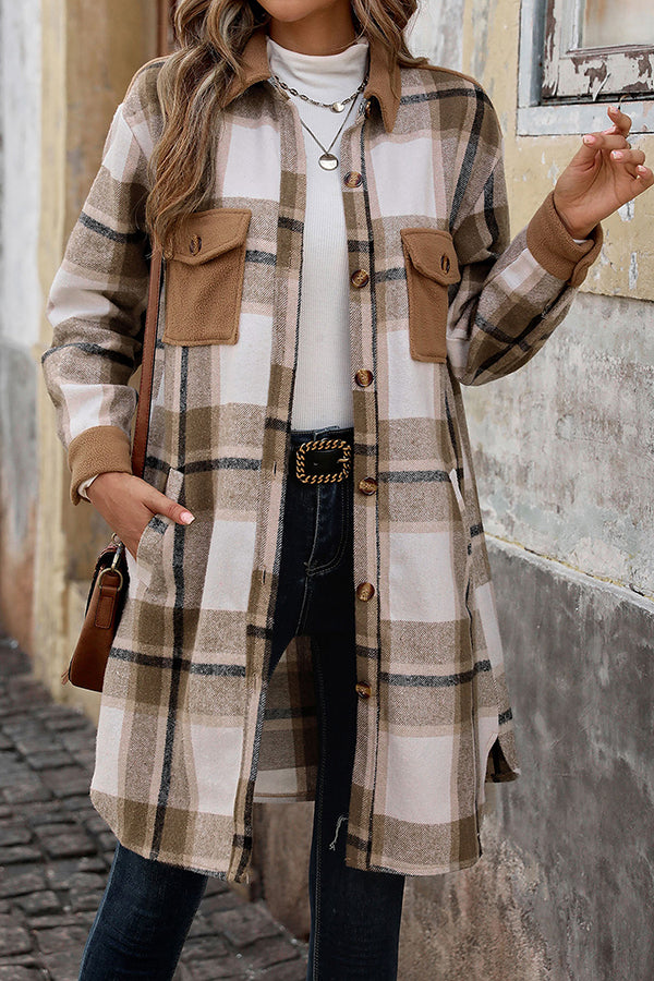 Retro Plaid Casual Long-sleeved Pocket Mid-length Coat