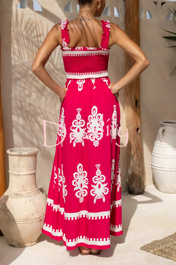 National Boho Style Unique Print Smocked Bust Wide Strap Pocket Maxi Dress