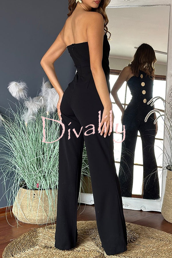 Solid Color Sexy Tube Top Gold Button Embellished Bootcut Jumpsuit