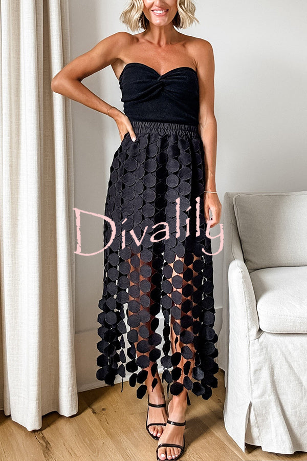 Casie See Through Circle Embroidery Elastic Waist Tassle Hem Maxi Skirt