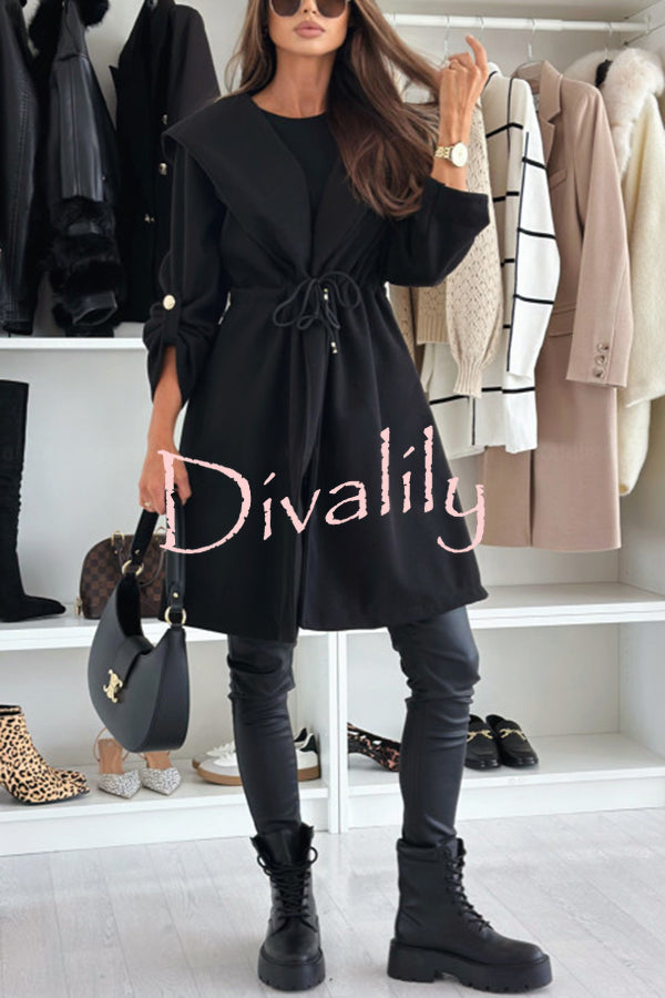 Effortless and Warm Textured Fabric Drawstring Waist Pocket Hooded Midi Coat