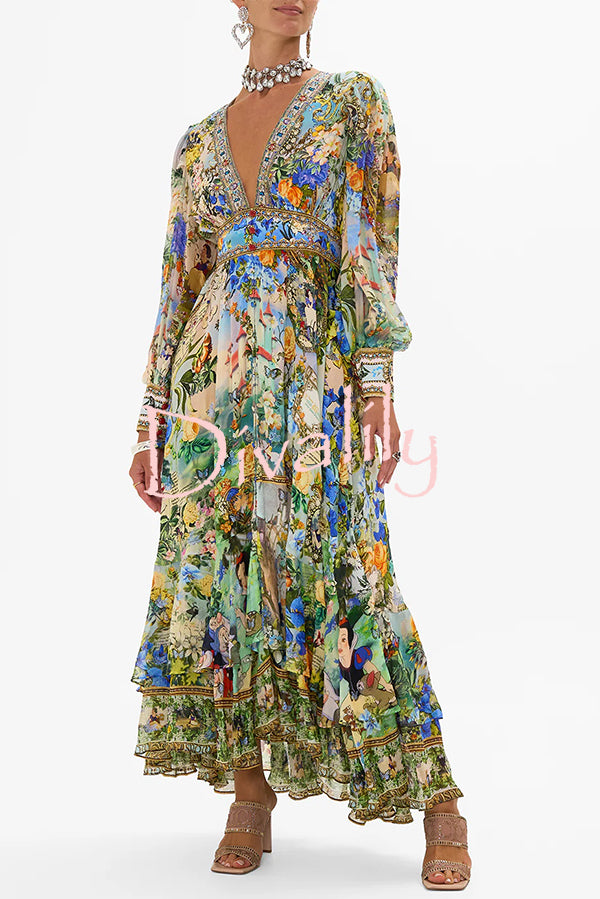Fairy Tale Print V-Neck Lantern Sleeve Waist Maxi Dress