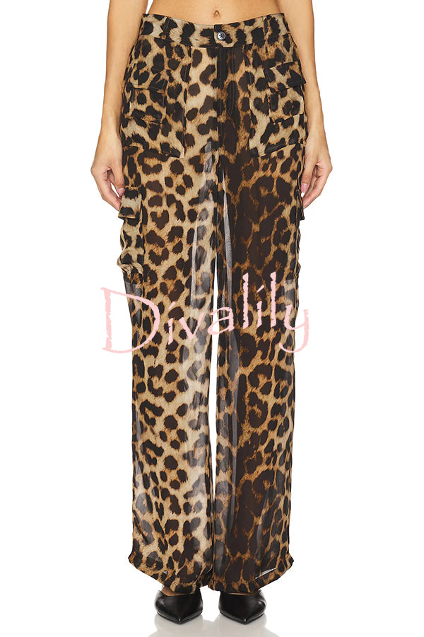 Minka Chiffon Leopard Elastic Waist Pocketed Loose Cargo Pants