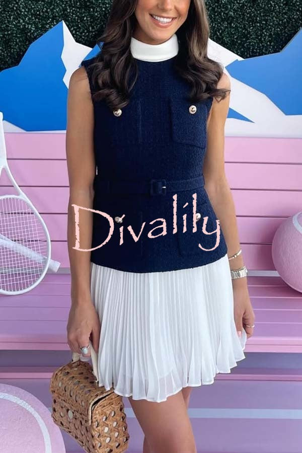 Sporty Elegance Tweed Metal Button Belted Pleated Hem Mini Dress