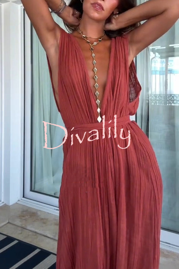 Resort Style V-neck Tie Pleated Casual Jumpsuit