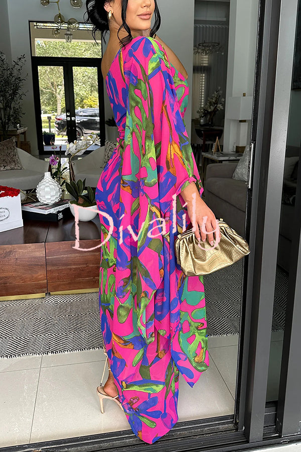 Colorful Printed One-sleeve Slim-fitting Slit Maxi Dress
