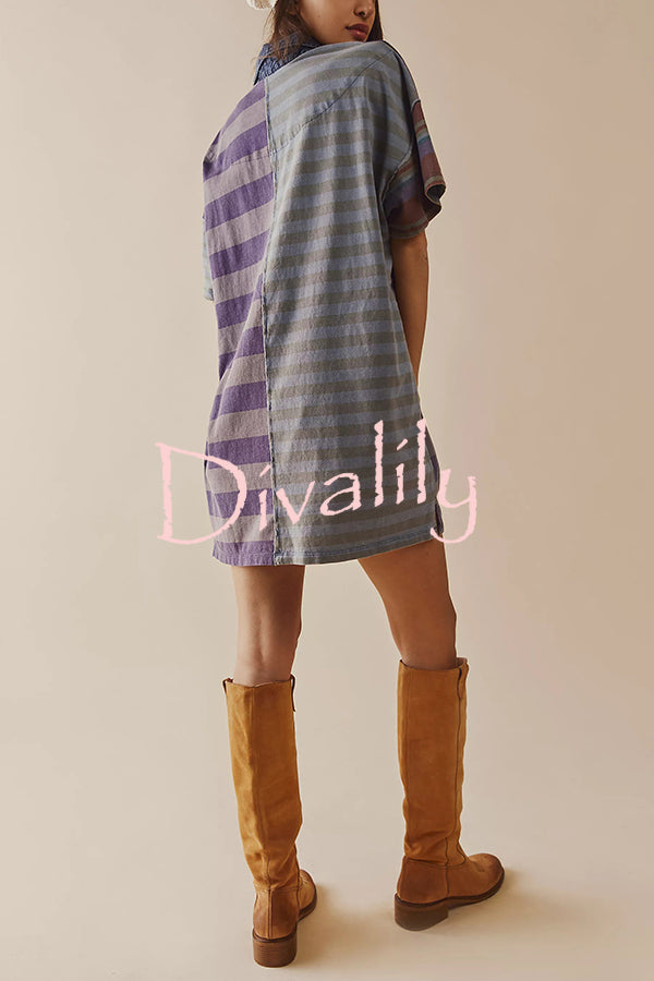 Contrast Striped Patchwork Denim Lapel Loose Casual Mini Dress