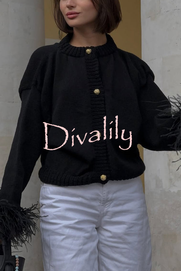 Solid Color Elegant Feather Long Sleeve Casual Knitted Cardigan