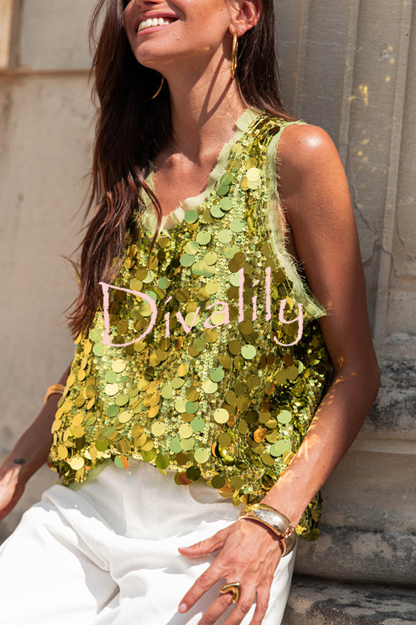 Fashionable Sequined Round Neck Sleeveless Loose Vest