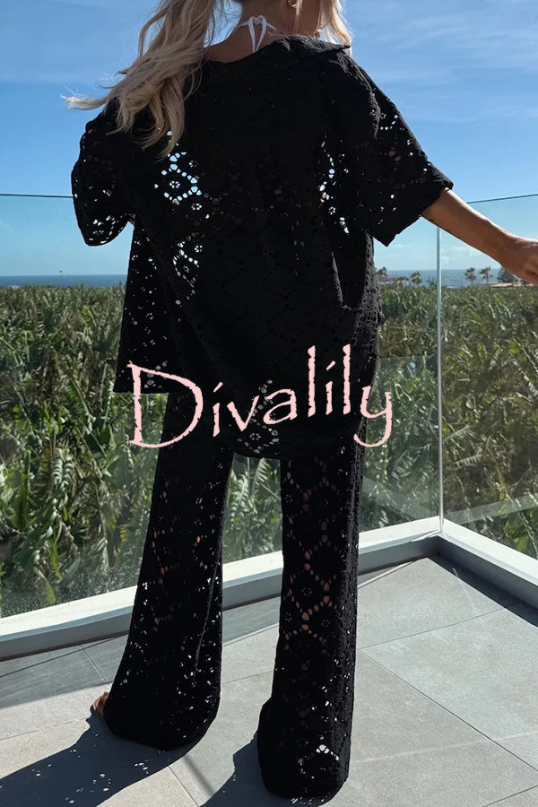 Holiday Crochet Flowers Lace Short Sleeve Shirt and Elastic Waist Wide Leg Pants Set