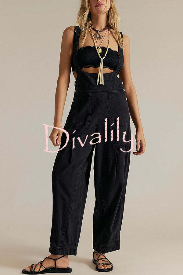 Fashionable Casual Side Pocket Button Loose Denim Overalls
