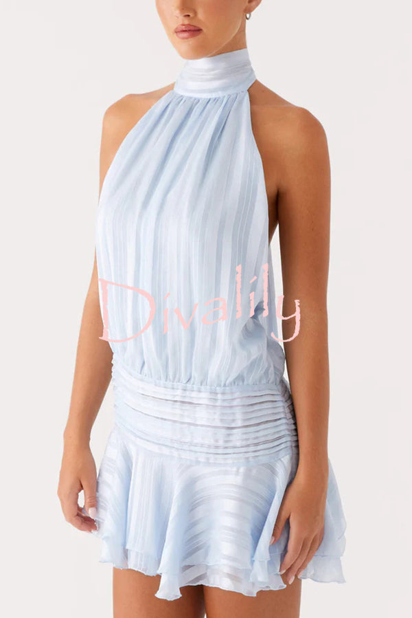 Fashion Halterneck Tie Pleated Sexy Backless Mini Dress