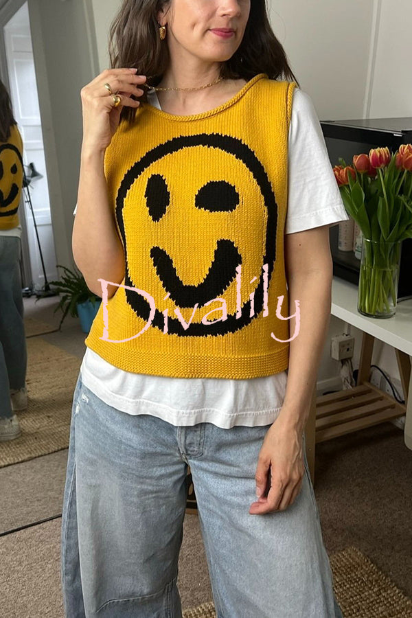 Always Happy Face Knit Unique Pattern Versatile Loose Tank Top