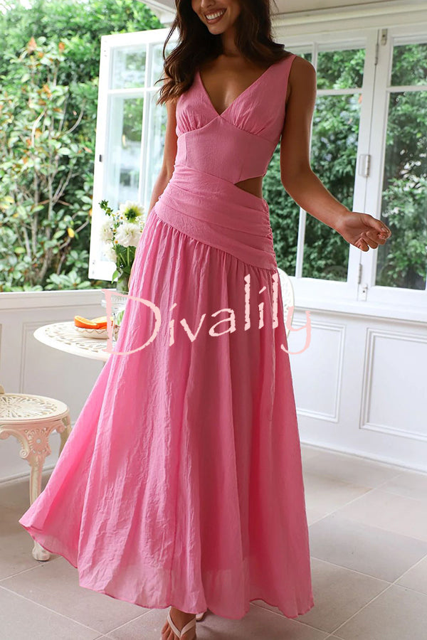 Solid Color V-neck Waist Hollow Slim Maxi Dress