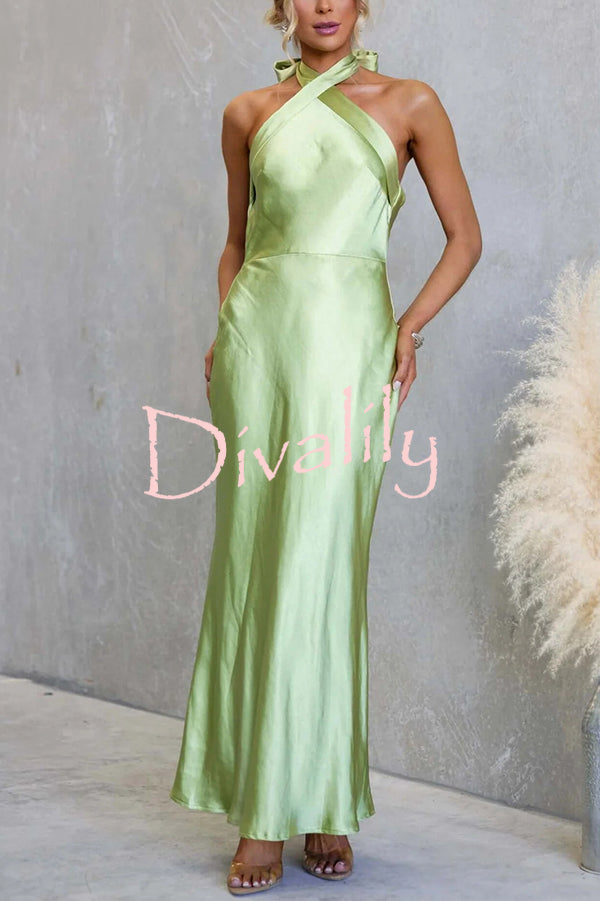 Satin Fashion Halter Backless Slim Elegant Maxi Dress