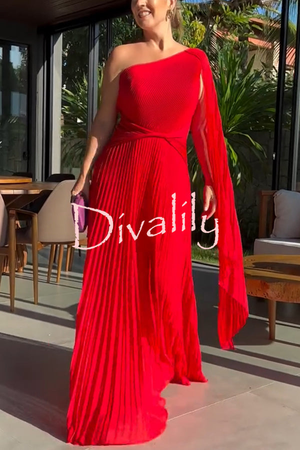 Kate Pleated One Shoulder Drape Sleeve Twist Waist Maxi Dress