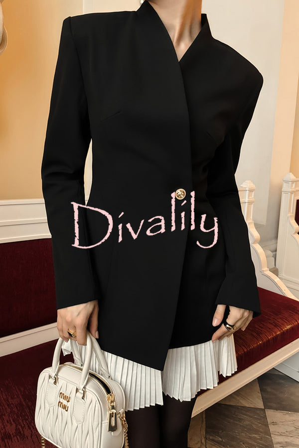 Fashionable Contrast Color Elegant Long Sleeve Pleated Suit Mini Dress