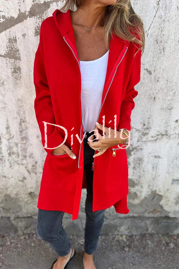 Solid Color Hooded Casual Zip Pocket Jacket