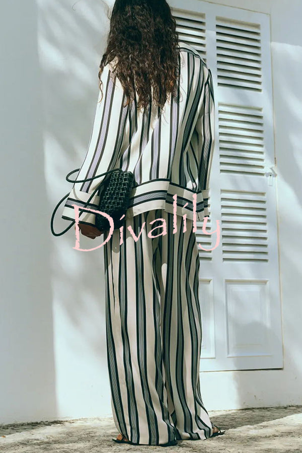 Lifetime of Happiness Striped Long Sleeve Loose Shirt and Elastic Waist Pocket Pants Set