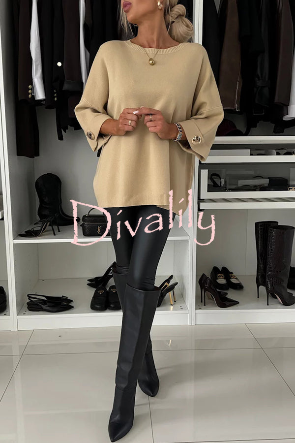 Elegance and Modern Knit Button Detail Half Sleeve Loose Sweater