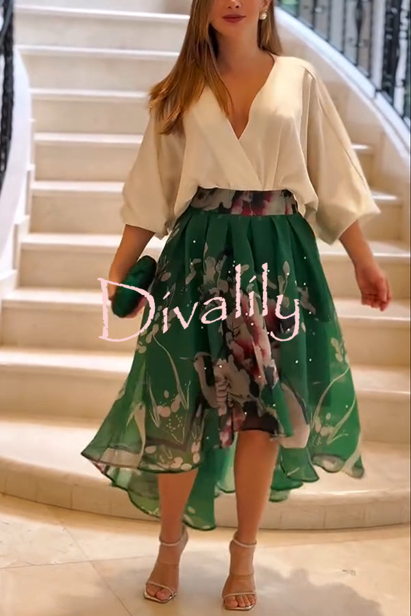 Tessy Batwing Sleeve Top and Floral Elastic Waist Pearls Detail High Low Midi Skirt Set