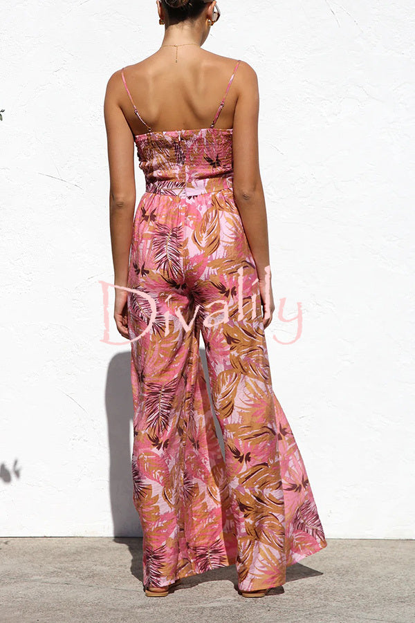 Botanical Print Strappy Resort Style Wide-leg Pants Jumpsuit