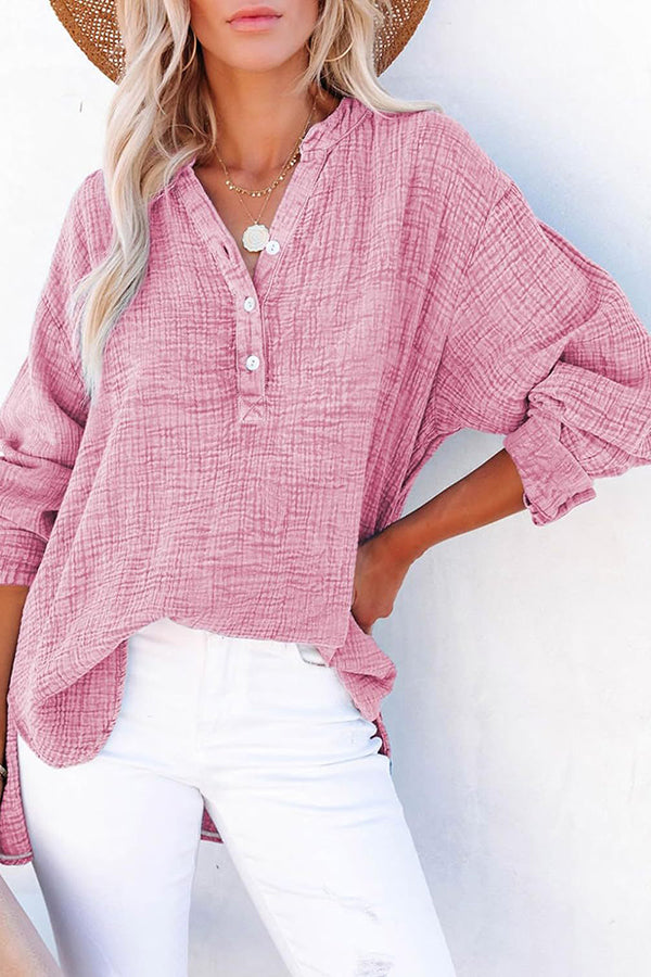 Solid Color Long Sleeve Pleated Button Loose Top